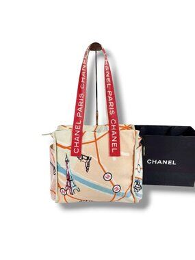 Chanel Cruise Line Paris Map Tote Eiffel Tower Canvas Printed Red